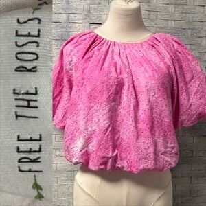 Free‎ The Roses Pink Eyelet Cropped Puff Sleeve Top Womens Small
